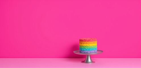 A small rainbow-layered cake placed on a metal stand, set against a bright pink background. Perfect for vibrant celebrations with ample copy space for text or design elements...