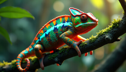 Obraz premium En pleine forêt tropicale, un caméléon aux teintes arc-en-ciel profite du calme, perché sur une branche, entouré de verdure luxuriante.