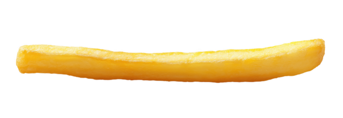 A golden french fry sits alone on a clean white background, showcasing its crispness