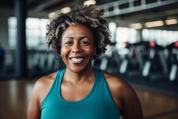 Fototapeta premium Smiling portrait of a slightly overweight African American woman in gym
