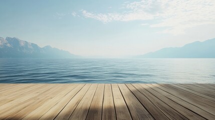 Fototapeta premium Perspective from a wooden deck with no railings, looking out over an infinite ocean