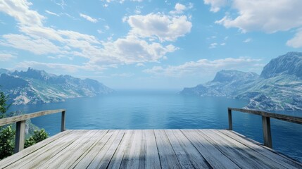 Naklejka premium Perspective from a wooden viewing platform, with the ocean stretching infinitely ahead