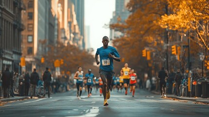 Diverse Marathon Runners on City Streets, Displaying Determination and Focus