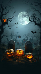 Haunted Graveyard with Jack-o'-Lanterns and Full Moon