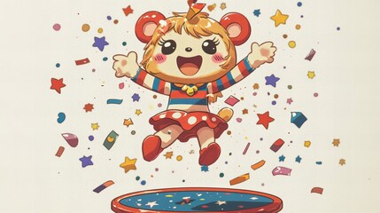Naklejka premium A cheerful cartoon bear girl jumps up and down on a trampoline, surrounded by colorful confetti and stars.