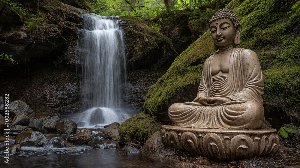 Poster a serene forest setting with a buddha statue placed near a waterfall. the statue, made of a light-co