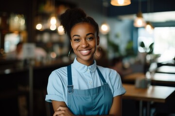 Obraz premium Smiling portrait of a young female African American waitress