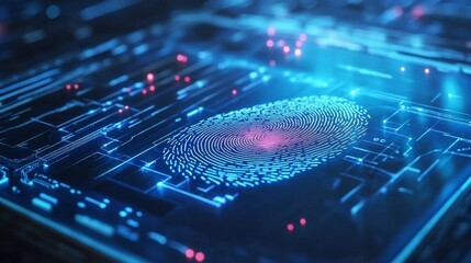 Fototapeta premium Abstract digital fingerprint on a futuristic circuit board. Concept of digital security, identity, authentication, privacy, and data protection.
