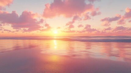Obraz premium Sunset paints the sky in orange and pink over a serene beach, clear water reflecting the colors