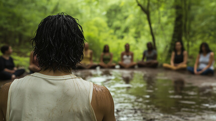 A serene outdoor setting, likely in a forest, with a group of individuals seated in a circle on a muddy ground. The individuals appear to be engaged in a meditative or spiritual gathering
