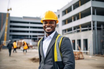 Smiling portrait of a young male African American architect on construction site