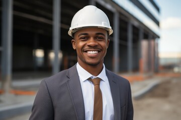 Smiling portrait of a young male African American architect on construction site