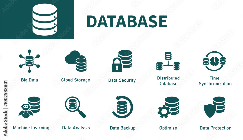 Poster database icons. set of solid vector symbols on storage, cloud computing, computer technology, data s