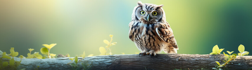 Naklejka premium Banner with small owl perched on a log with a soft green and yellow background