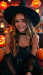 Fototapeta premium A young woman dressed up as a witch at a Halloween party