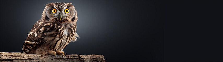Obraz premium Banner with alert owl perched on a log with a dark gradient background