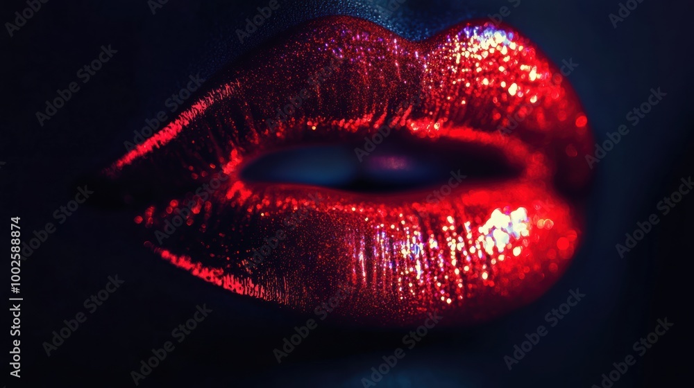 Poster close-up of glossy, vibrant lips reflecting light in a dark setting, showcasing a shiny finish at an