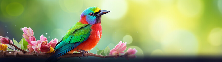 Fototapeta premium Banner with vibrant rainbow-colored bird perched on a branch with a glowing bokeh background. Minimal design 