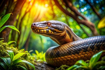 Fototapeta premium Impressive Titanoboa: The Largest Snake of the Prehistoric Era in a Lush Jungle Environment