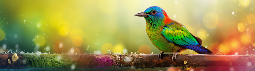 Obraz premium Banner with vibrant rainbow-colored bird perched on a branch with a glowing bokeh background. Minimal design 