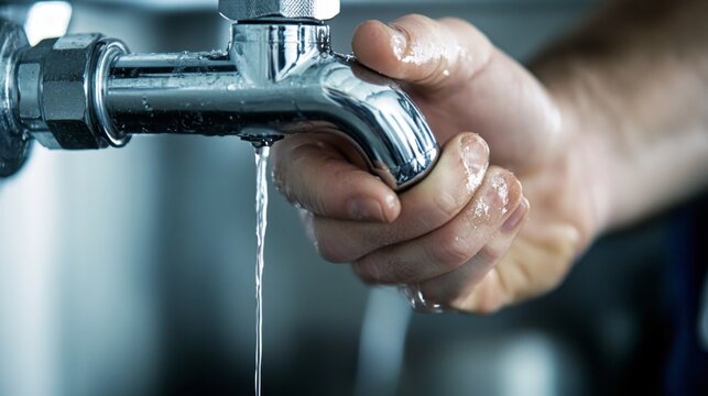 Closeup of a plumber's hand repairing a leaking water tap