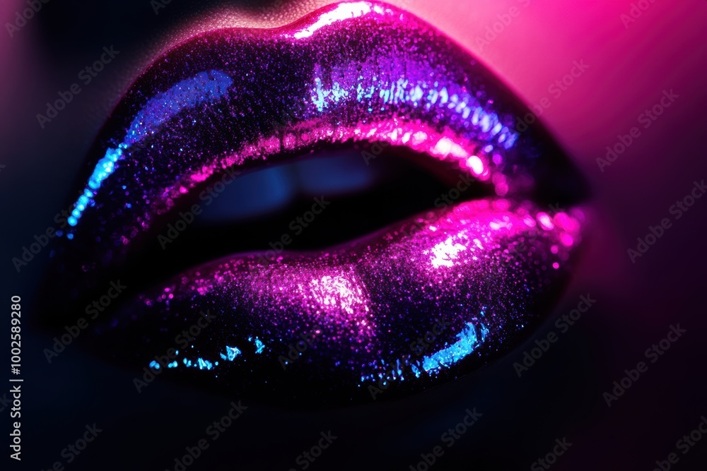 Poster close-up view of radiant, glossy lips adorned with vibrant shimmer in a striking neon light setting.