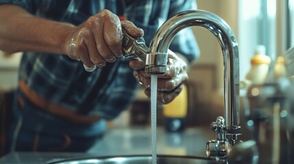 Close up of man's hand turning on faucet in kitchen sink