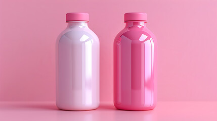 Two bottles, one white and one pink, stand side by side on a pink background.