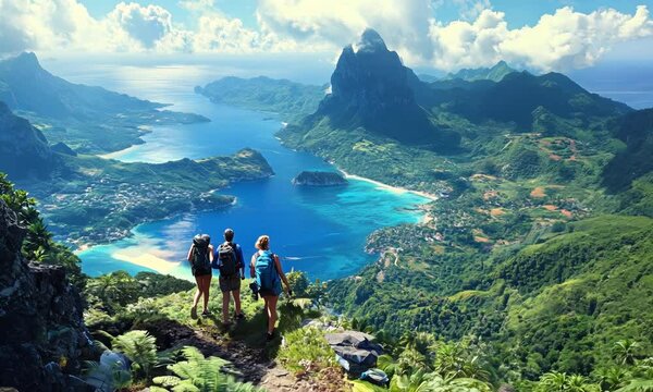 Adventurers hiking up a tropical mountain trail with panoramic views of the ocean and islands below. . Video