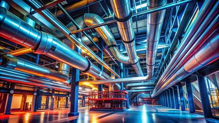 Obraz premium Industrial Metal Pipe Chase in a Modern Building with Exposed Ductwork and Structural Elements