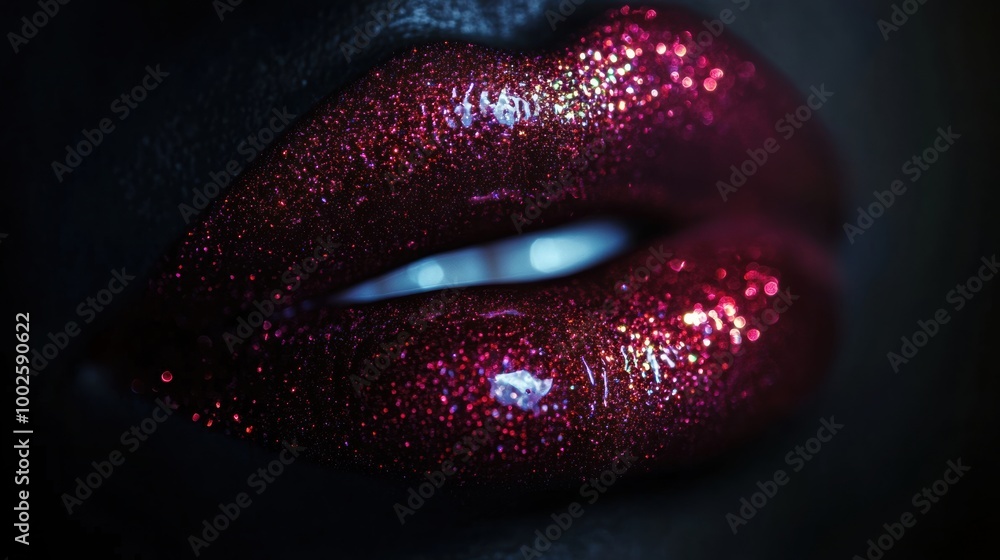 Poster close-up view of glossy lips showcasing a vibrant, shiny finish with glitter reflecting light in a s
