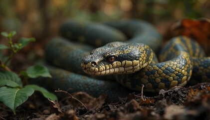Fototapeta premium A close-up of a black and yellow snake with a triangular head and piercing eyes, coiled on the forest floor among fallen leaves