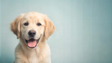 Portrait of a Cheerful Golden Retriever Puppy on a Light Blue Background with Text Space






