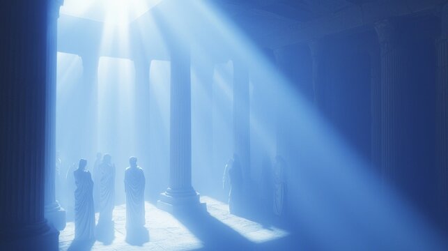 Enigmatic Oracle of Delphi: Pilgrims Seeking Ancient Wisdom in Mystical Temple with Ethereal Light