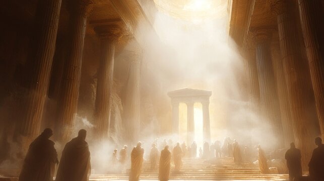Enigmatic Encounter at the Oracle of Delphi - Pilgrims Seeking Divination in Ancient Temple Amid Mist and Ethereal Glow