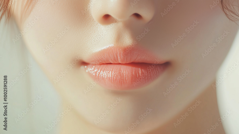 Aufkleber 若いアジア人女性の唇のクローズアップ。ナチュラルな桜ピンク色の口紅を付けている可愛い口元。