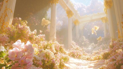 Elysian Bliss: Heroes Reveling in Eternal Paradise of Flowers and Music