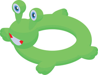 Green inflatable swimming ring shaped like funny alien for pool party is lying on white background