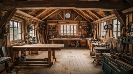 A rustic woodworking shop with tools and equipment on display.