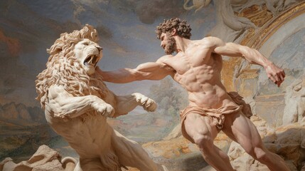 Legendary Battle: Hercules Confronts the Nemean Lion in Epic Combat on Rugged Terrain