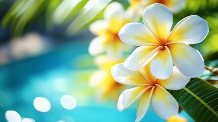 Fototapeta premium Vibrant Tropical Plumeria Flowers in Lush Green Environment
