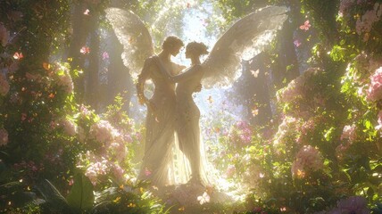 Enchanting Love: Psyche and Eros Embracing in a Lush Garden of Flowers and Butterflies