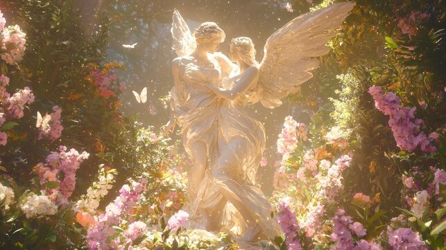 Enchanting Love: Psyche and Eros Embraced in a Floral Garden Paradise with Butterflies - Symbolizing Beauty and Romance