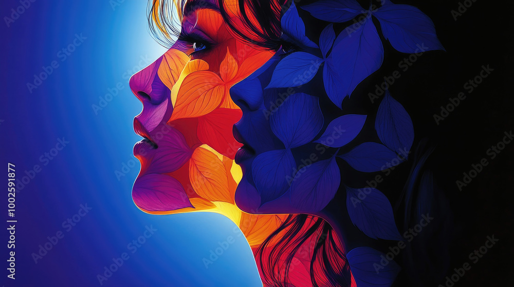 Poster Two profiles merge beautifully with leaf patterns, illuminated by vibrant colors that create a captivating contrast in a twilight setting