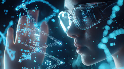 Innovative researcher analyzing genomic data with advanced technology, showcasing futuristic environment. focus on data visualization highlights importance of scientific exploration