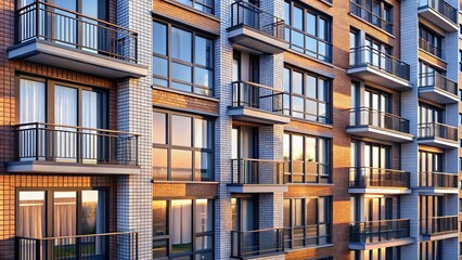Fototapeta premium Intricate Detail of Modern Apartment Building Facade with Windows and Architectural Features in Close-Up