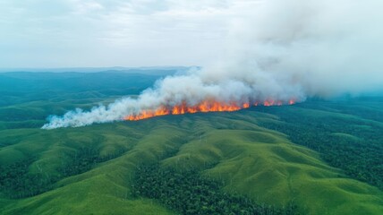 Fototapeta premium Aerial view of a vast deforested area with plumes of smoke rising