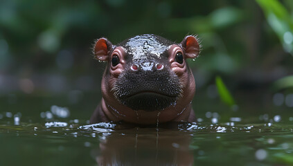Fototapeta premium A cute baby hippopotamus with big eyes is floating in the water, enjoys a relaxing swim in a river.