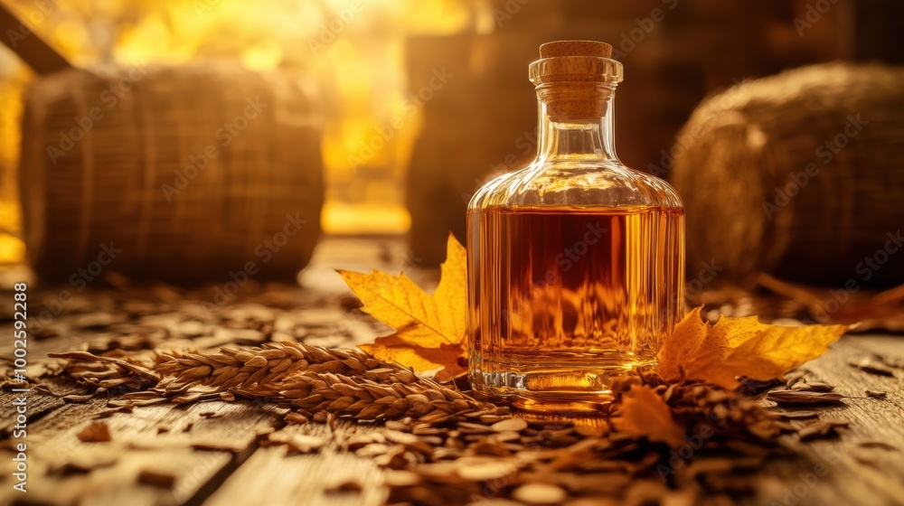 Aufkleber A close-up view of a whiskey bottle surrounded by autumn leaves and grains, creating a warm, inviting atmosphere in a rustic setting. Generative AI