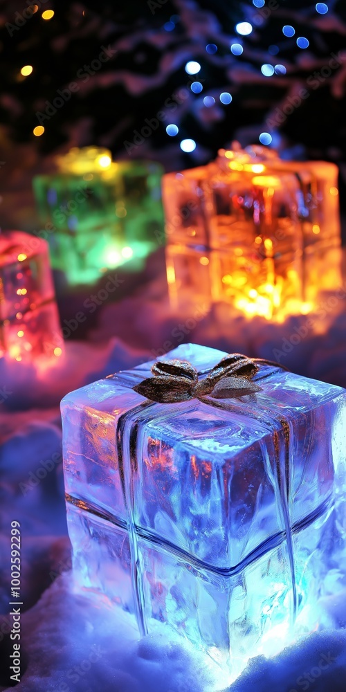 Poster a colorful box with a bow on top is lit up with lights. the box is surrounded by other boxes, all of